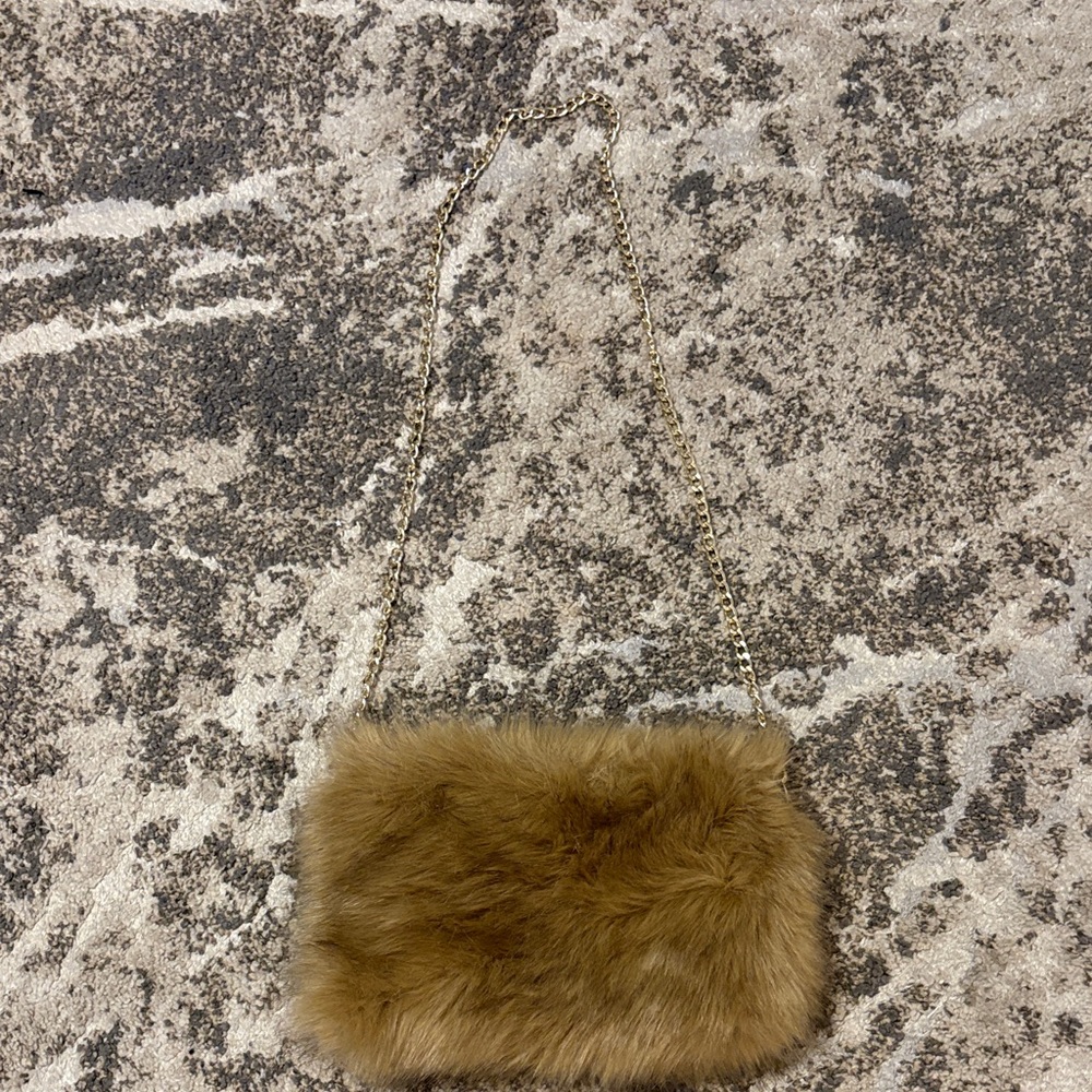 Elegant Brown Fur Clutch with Gold Chain